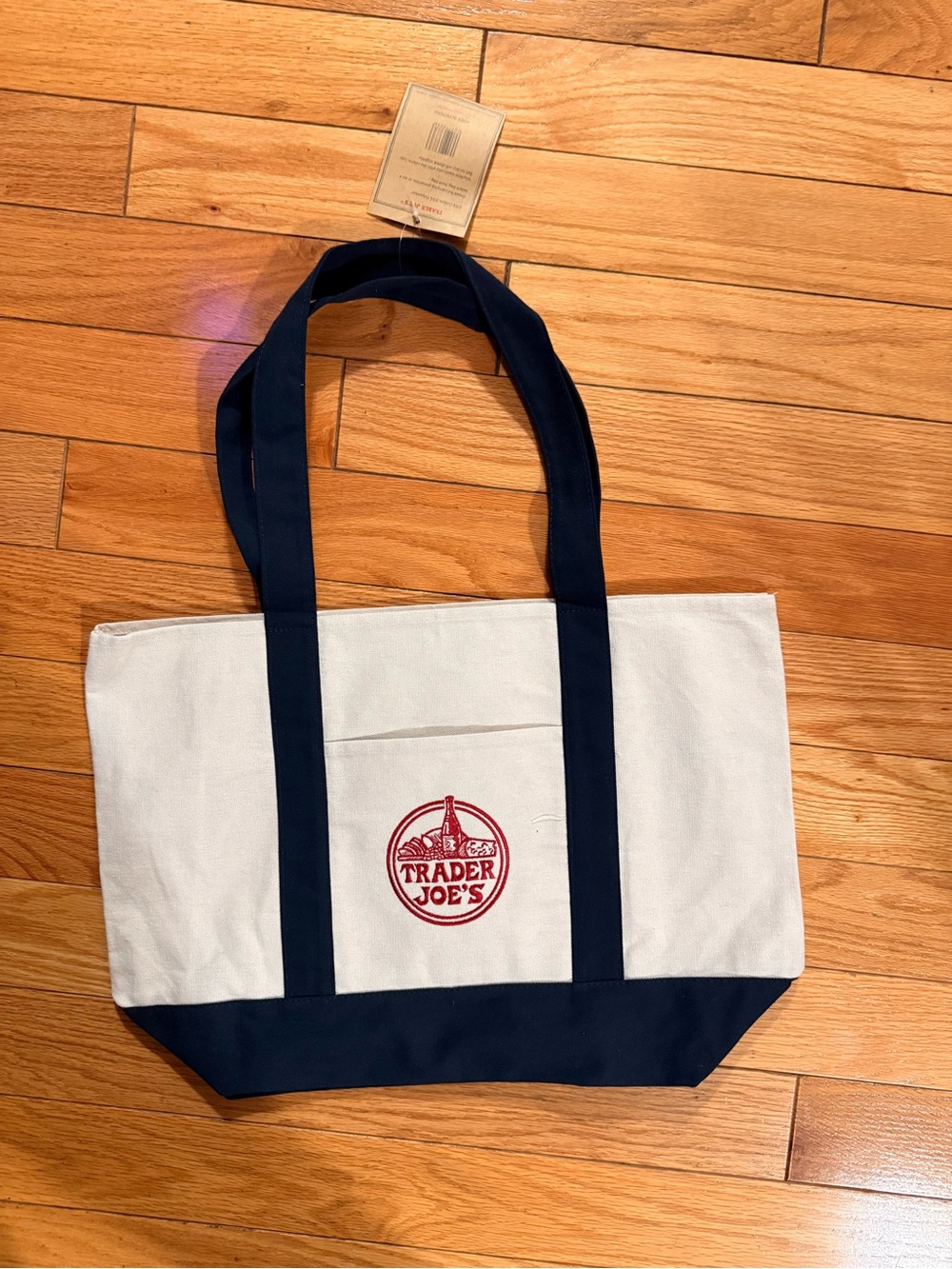 Trader Joe's Canvas Large Tote Bag in White with Navy Trim